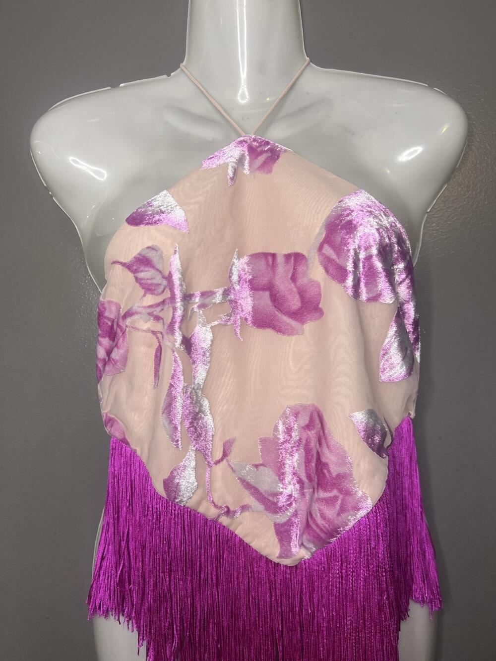 For Love & Lemons Tank Top Womens Small Pink Floral Fringe Halter Cropped Party
